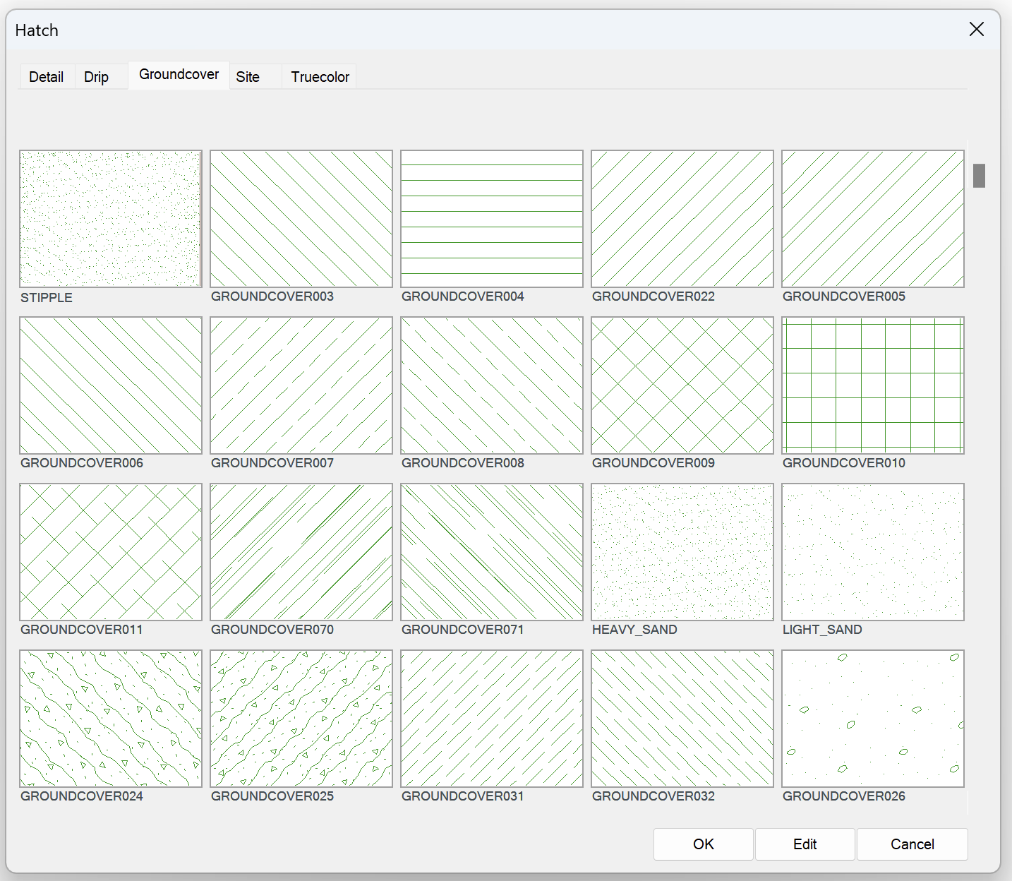 Old Hatch dialog box showing Groundcover hatch patterns